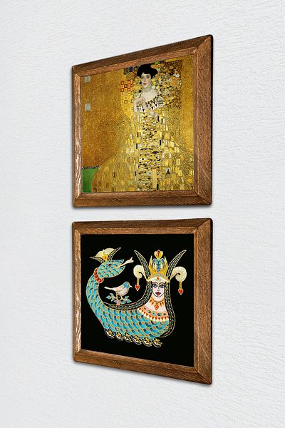 Pinecone Portrait of Gustav Klimt Bauer, Shahmeran Stone Wall Painting with Wood Frame Wall Decor -W2-276-