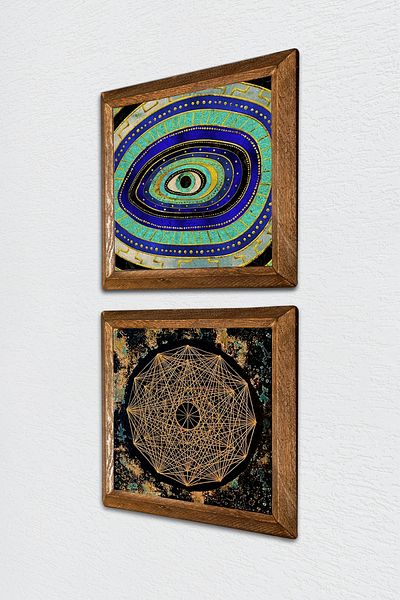 Pinecone Evil Eye, Sri Yantra Stone Wall Painting Decor de perete cu rame din lemn Set de 2 picturi Wall Art -W2-552-