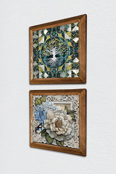 Pinecone Arborele vieții, fluture, flori, pictură pe perete din piatră, decor de perete cu rame din lemn, set de 2 picturi -W2-304-