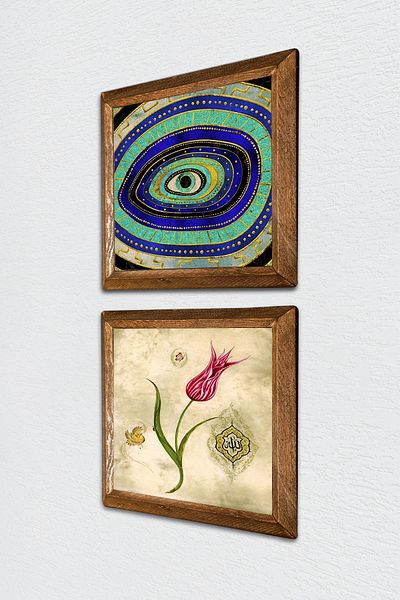 Pinecone Evil Eye, Tulip Stone Wall Painting Wooden Framed Wall Decor 2 Piece Painting Set Wall Art -W2-698-