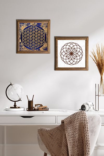 Pinecone Floarea vieții Pictură pe perete din piatră Decor de perete cu rame din lemn Set de pictură din 2 piese Artă de perete -W2-448-