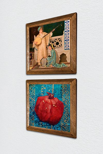 Pinecone Two Musicians Girl Painting, Pomegranate Stone Wall Painting with Wooden Frame Wall Decor Set of 2 Painting -W2-90-