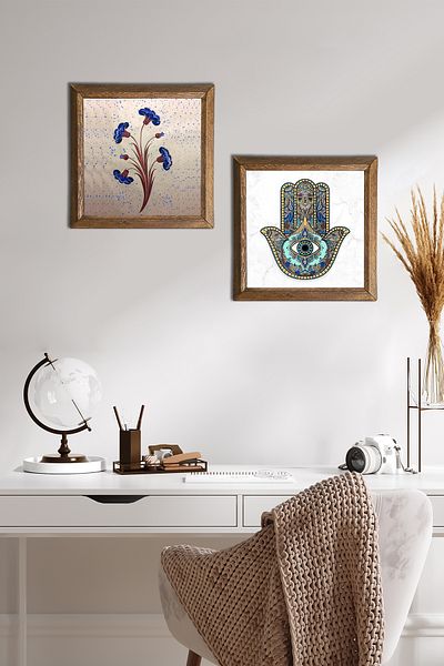 Pinecone Artă marmorată, Fatma Ana Hand (Hamsa) Pictură pe perete din piatră Decor de perete cu rame din lemn Pictură din 2 piese -W2-59-