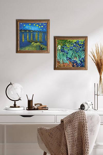 Pinecone Van Gogh O noapte înstelată pe râul Rijn, Irisuri Pictură pe perete de piatră Decor de perete înrămat -W2-388-