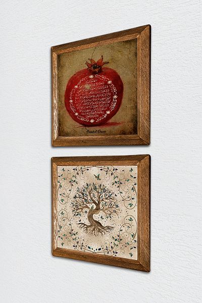 Pinecone Fertility Prayer, Tree of Life Stone Wall Painting Wood Framed Wall Decor Set of 2 Painting -W2-195-