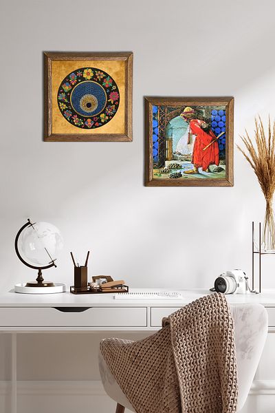 Pinecone Evil Eye, Turtle Trainer Stone Wall Painting Wooden Framed Wall Decor Set of 2 Painting -W2-339-