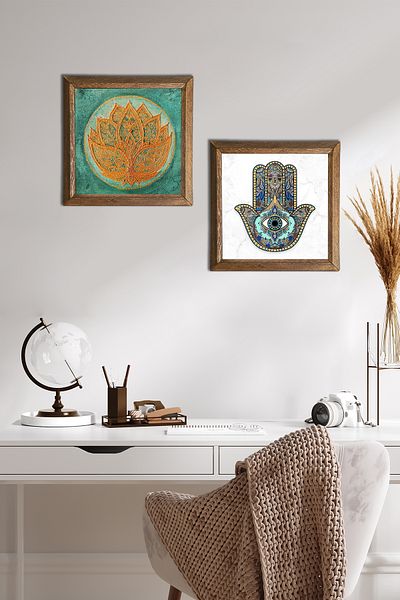 Pinecone Λουλούδι Lotus, Fatma Mother Hand (Hamsa) Πέτρινη Ζωγραφική Τοίχου με Ξύλινο Πλαίσιο Διακόσμηση Τοίχου -W2-48-