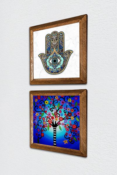 Pinecone Tree of Life, Fatma Mother Hand (Hamsa) Stone Wall Painting Wooden Framed Wall Decor 2 Piece Painting -W2-607-