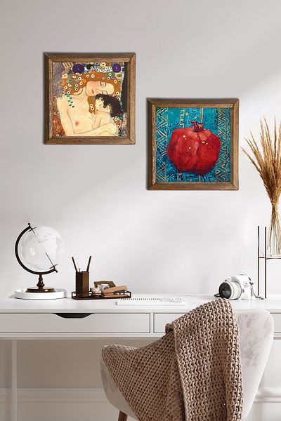Pinecone Gustav Klimt Mother Child, Pomegranate Stone Wall Painting with Wooden Frame Wall Decor Set of 2 Painting -W2-95-