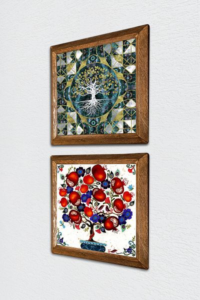 Pinecone Δέντρο της ζωής, Πέτρινη Ζωγραφική Τοίχου Ρόδι Δέντρο με Ξύλινο Πλαίσιο Διακόσμηση Τοίχου 2 τεμαχίων Σετ ζωγραφικής -W2-183-