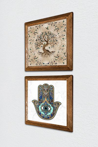 Pinecone Δέντρο της ζωής, Χεράκι της Φατέμας (Χάμσα) Πέτρινη Ζωγραφική Τοίχου με Ξύλινο Πλαίσιο Διακόσμηση Τοίχου 2 Ζωγραφική -W2-03-
