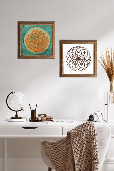 Pinecone Lotus Flower, Flower of Life Stone Wall Painting Wood Framed Wall Decor Set of 2 Painting -W2-488-
