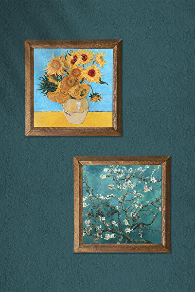 Pinecone Van Gogh Twelve Sunflowers Vase, Almond Tree Stone Wall Painting with Wood Frame Wall Decor -W2-372-