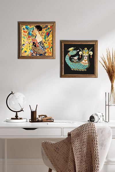 Pinecone Gustav Klimt Woman with a Fan, Shahmeran Stone Wall Painting with Wood Frame Wall Decor -W2-277-
