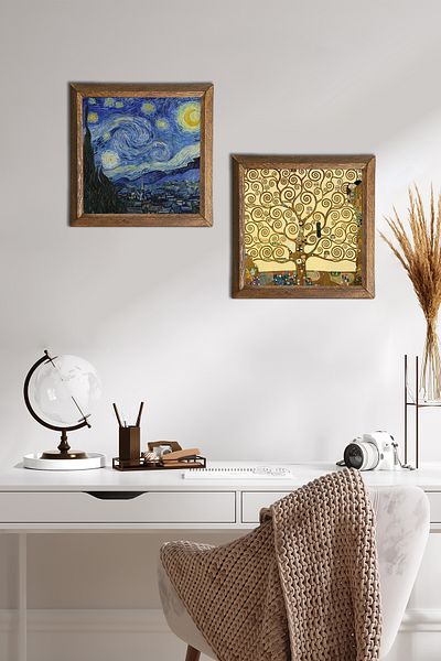Pinecone Van Gogh Starry Night, Gustav Klimt Tree of Life Stone Wall Painting Framed Wall Decor -W2-347-