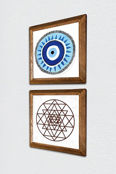 Pinecone Evil Eye, Sri Yantra Stone Wall Painting Wooden Framed Wall Decor 2-Piece Painting Set Wall Art -W2-475-