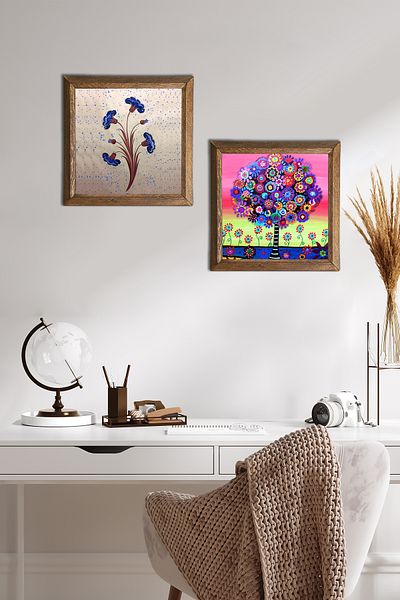 Pinecone Artă marmorată, pictură pe perete din piatră Arborele vieții cu cadru din lemn Decor de perete Set de pictură din 2 piese -W2-663-