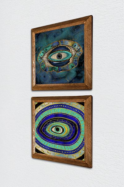 Pinecone Evil Eye Stone Wall Painting Wooden Framed Wall Decor 2 Piece Painting Set Wall Art -W2-560-