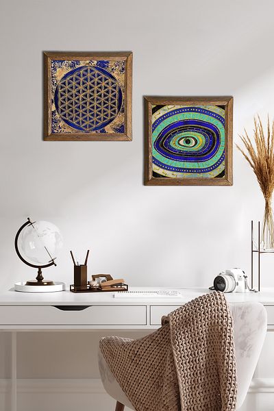 Pinecone Evil Eye, Flower of Life Stone Wall Painting Wooden Framed Wall Decor Set of 2 Painting Wall Art -W2-455-