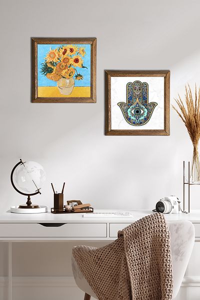 Pinecone Van Gogh Vase with Twelve Sunflowers, Mother Fatma Hand Stone Wall Painting Framed Wall Decor -W2-71-