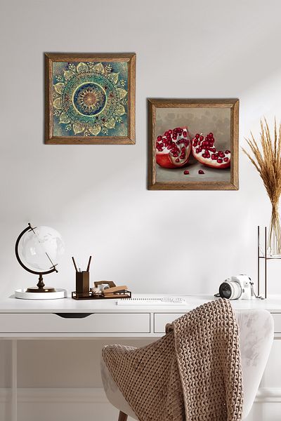 Pinecone Mandala, Pomegranate Stone Wall Painting with Wooden Frame Wall Decor 2 Piece Painting Set Wall Art -W2-245-