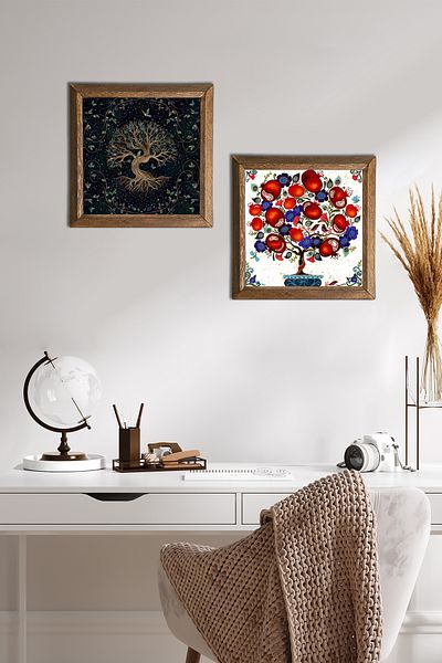 Pinecone Arborele vieții, pictură pe perete din piatră de pom de rodie, decor de perete cu rame din lemn, set de pictură din 2 piese -W2-162-