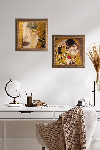 Pinecone Gustav Klimt Golden Tears, Kiss Stone Wall Painting Wall Decor with Wooden Frame -W2-357-