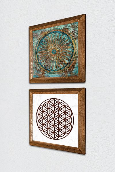 Pinecone Flower of Life Πέτρινη Ζωγραφική Τοίχων με Ξύλινο Πλαίσιο Διακόσμηση Τοίχου 2 τεμαχίων Σετ Ζωγραφικής Wall Art -W2-478-