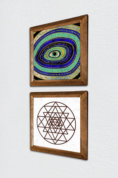 Pinecone Evil Eye, Sri Yantra Stone Wall Painting Wooden Framed Wall Decor 2-Piece Painting Set Wall Art -W2-470-
