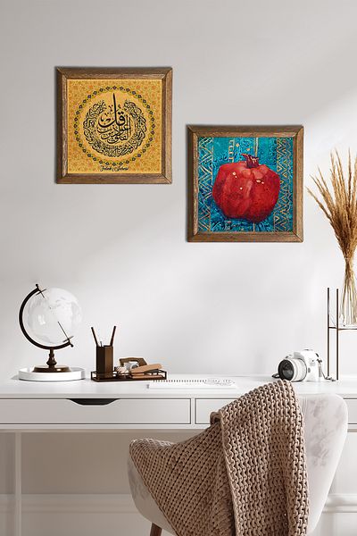 Pinecone Felak Suresi, pictură pe perete cu piatră de rodie, decor de perete cu rame din lemn, set de 2 picturi, artă de perete -W2-139-