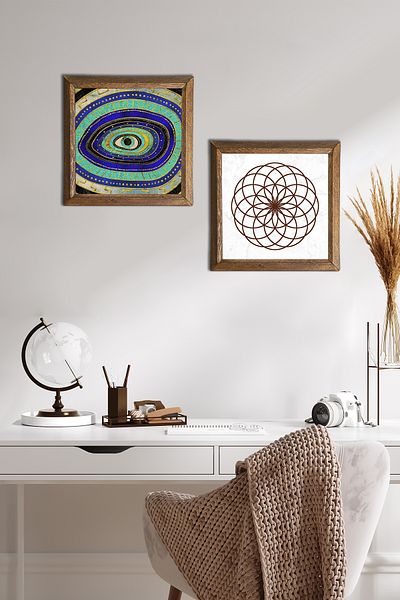 Pinecone Evil Eye, Flower of Life Stone Wall Painting Wooden Framed Wall Decor Set of 2 Painting Wall Art -W2-491-