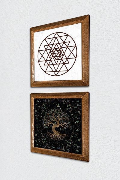 Pinecone Sri Yantra, Δέντρο της Ζωής Πέτρινη Ζωγραφική Τοίχου με Ξύλινο Πλαίσιο Διακόσμηση Τοίχου 2 τεμαχίων Σετ ζωγραφικής -W2-429-