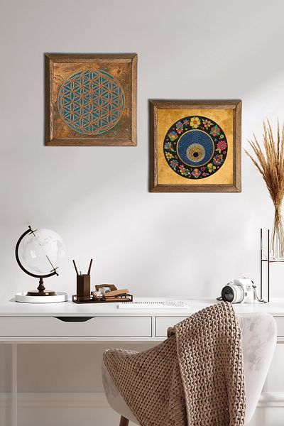 Pinecone Floarea vieții, Pictură pe perete cu piatră de ochi rău Decor de perete cu rame din lemn Set de 2 picturi Artă de perete -W2-418-