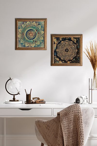 Pinecone Mandala, Sri Yantra Stone Wall Painting Ξύλινο πλαίσιο Διακόσμηση τοίχου Σετ ζωγραφικής 2 τεμαχίων Wall Art -W2-557-