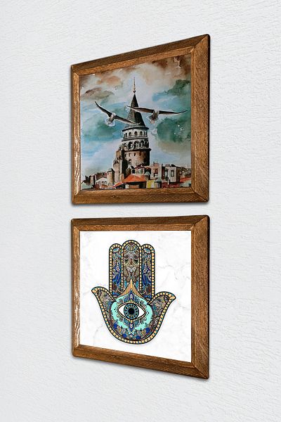 Pinecone Istanbul Galata Tower, Fatma Mother Hand (Hamsa) Stone Wall Painting Framed Wall Decor -W2-26-