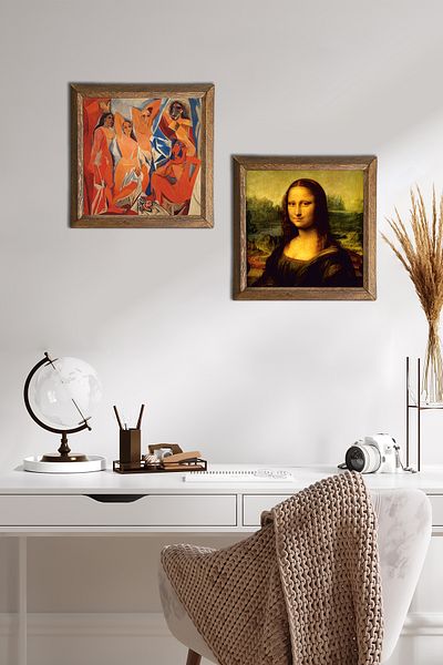 Pinecone Picasso Fete din Avignon, Da Vinci Mona Lisa Pictură pe perete din piatră Decor de perete cu rame din lemn -W2-332-