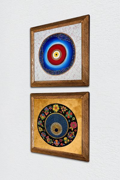 Pinecone Evil Eye Stone Wall Painting Wooden Framed Wall Decor 2 Piece Painting Set Wall Art -W2-417-