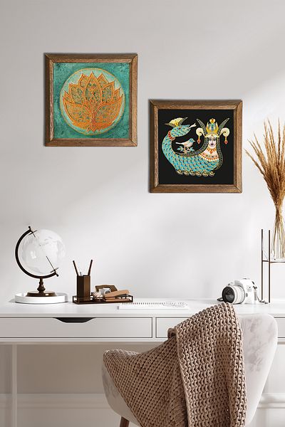 Pinecone Lotus Flower, Shahmeran Stone Wall Painting with Wooden Frame Wall Decor 2 Piece Painting Set -W2-261-