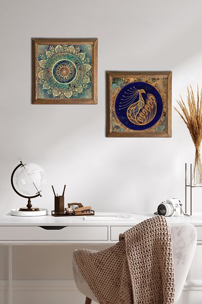 Pinecone Mandala, Peacock Stone Wall Painting Wood Framed Wall Decor Set of 2 Wall Art -W2-529-
