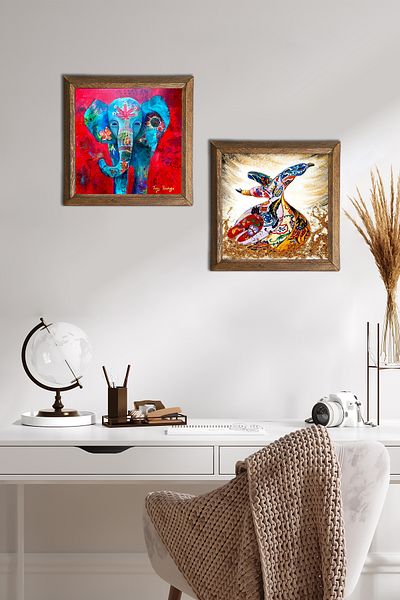 Pinecone Elephant, Whirling Dervish Stone Wall Painting with Wood Frame Wall Decor 2 Piece Painting Set Wall Art -W2-629-