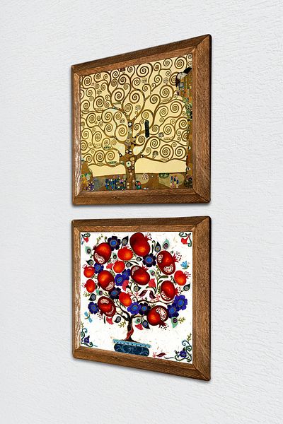 Pinecone Gustav Klimt Tree of Life, Pomegranate Tree Stone Wall Painting Wood Framed Wall Decor -W2-148-