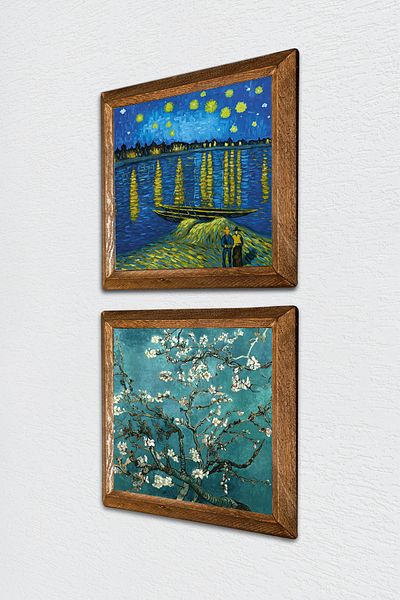 Pinecone Van Gogh Râul Râ, pictură pe perete din piatră de migdală, decor de perete cu rame din lemn, set de 2 picturi -W2-377-