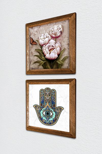 Pinecone Butterfly Flower, Fatma Mother Hand (Hamsa) Stone Wall Painting Wooden Framed Wall Decor -W2-07-