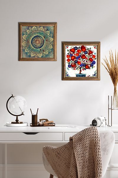 Pinecone Mandala, pictură pe perete din piatră de pom de rodie, decor de perete cu rame din lemn, set de 2 picturi, artă de perete -W2-182-