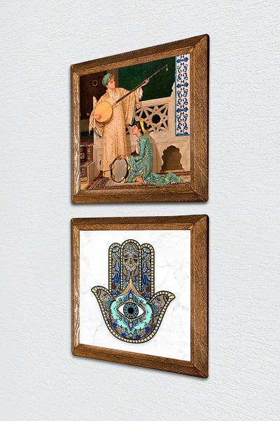Pinecone Two Musicians Girl Painting, Fatma Mother Hand (Hamsa) Stone Wall Painting Framed Wall Decor -W2-11-