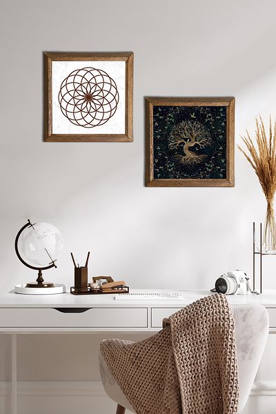 Pinecone Floarea vieții, Arborele vieții Pictură pe perete din piatră cu rame din lemn Decor de perete Set de pictură din 2 piese -W2-431-