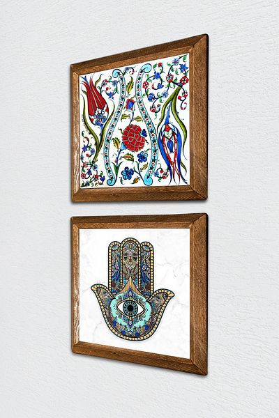 Pinecone Lalea, Fatma Ana Hand (Hamsa) Pictură pe perete din piatră Decor de perete cu rame din lemn Set de 2 picturi -W2-44-