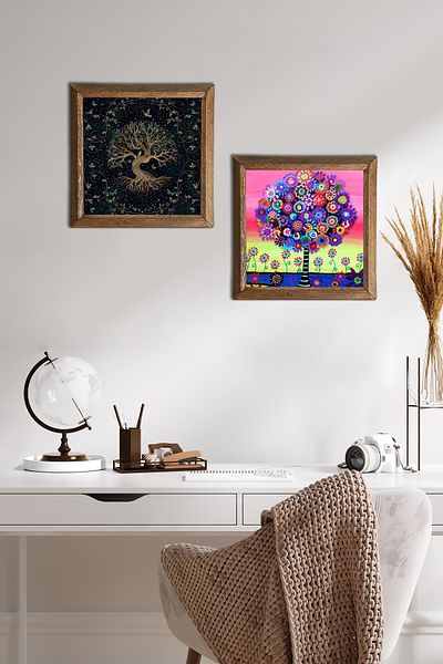 Pinecone Pictură pe perete din piatră Arborele Vieții Decor de perete cu rame din lemn Set de pictură din 2 piese Artă de perete -W2-658-