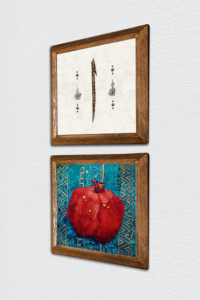 Pinecone Elif, Pomegranate Stone Wall Painting with Wooden Frame Wall Decor 2 Piece Painting Set Wall Art -W2-110-