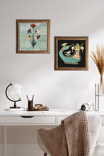 Pinecone Marbling Art, Shahmeran Stone Wall Painting with Wooden Frame Wall Decor 2 Piece Painting Set -W2-273-